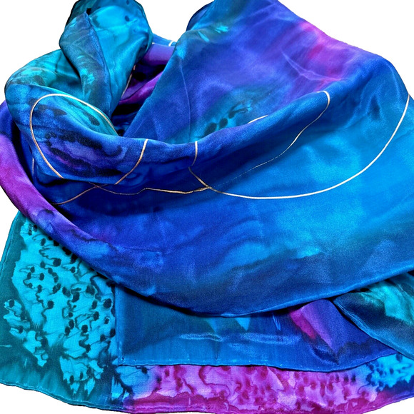 Artisan Hand Painted Pure Silk Scarf Gem Tone Colors Gold Swirls Long Rectangle - Picture 8 of 11